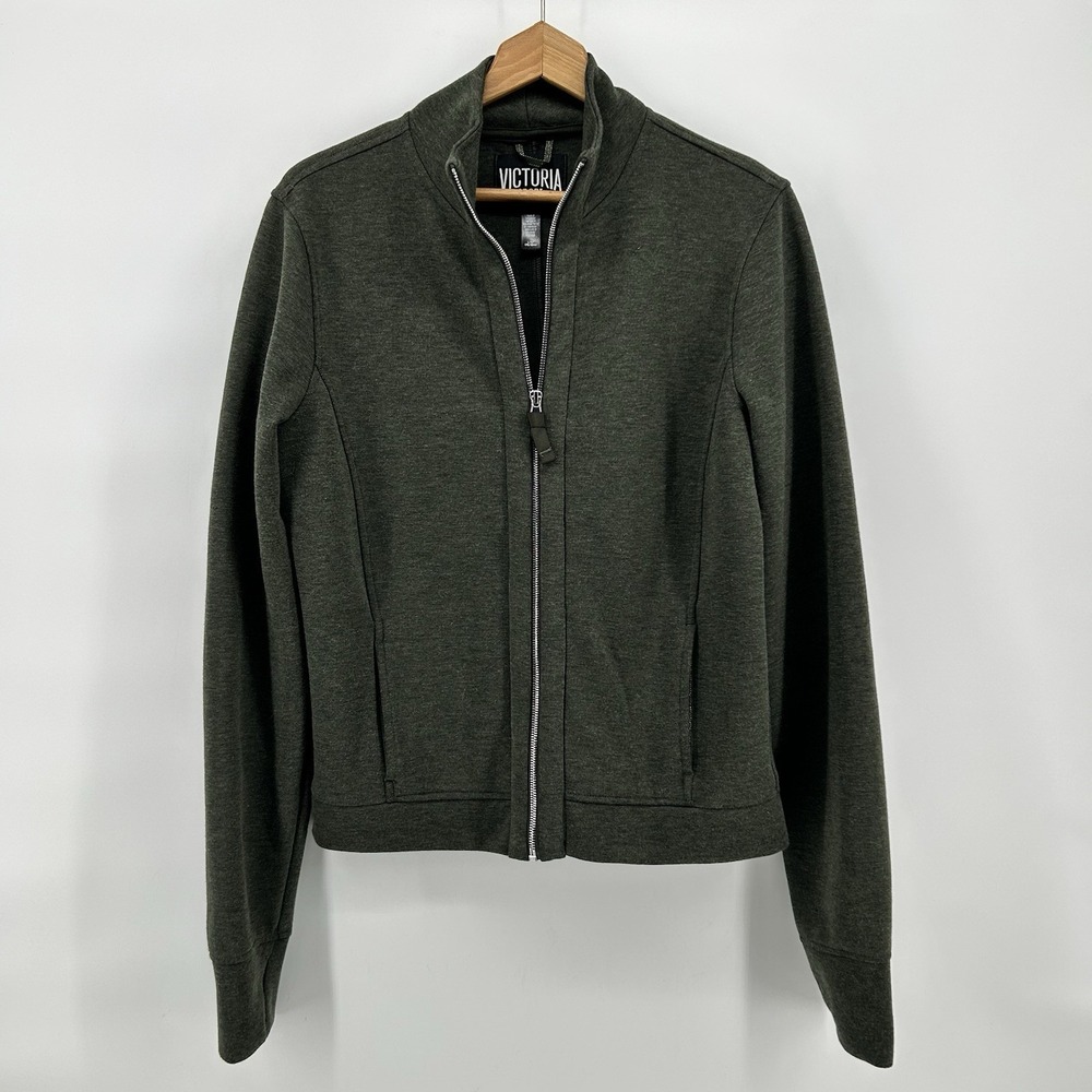 Victoria Sport Jacket Womens L Olive Full Zip Thumb Holes Athletic Yoga